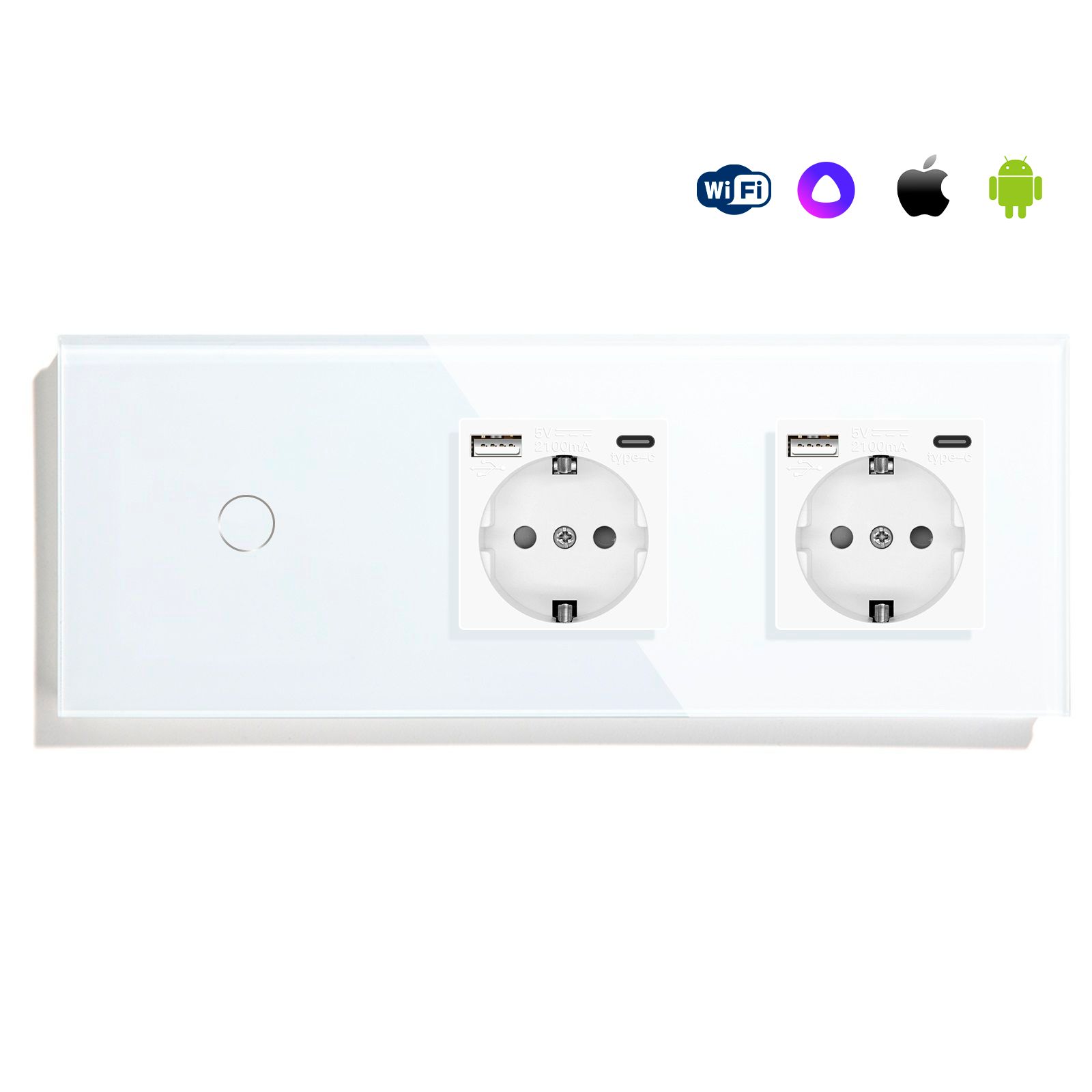 Купить Сенсорный выключатель WiFi 1 клавиша 2 розетки 3 поста (1G+2AC) стекло 228х86мм цвет белый в интернет-магазине Mvava.ru