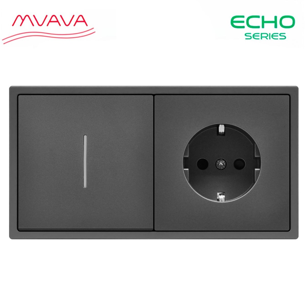 Купить Выключатель echo led, 1 клавиша 1 розетка, 2 поста (М1+1F) рамка пластик 152х81мм цвет серый в интернет-магазине Mvava.ru