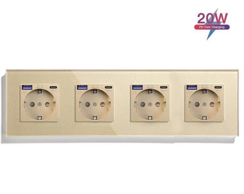 Купить Розетка электрическая 4 поста АC, быстрая зарядка 20W, стекло 299х86 мм, цвет золотой в интернет-магазине Mvava.ru