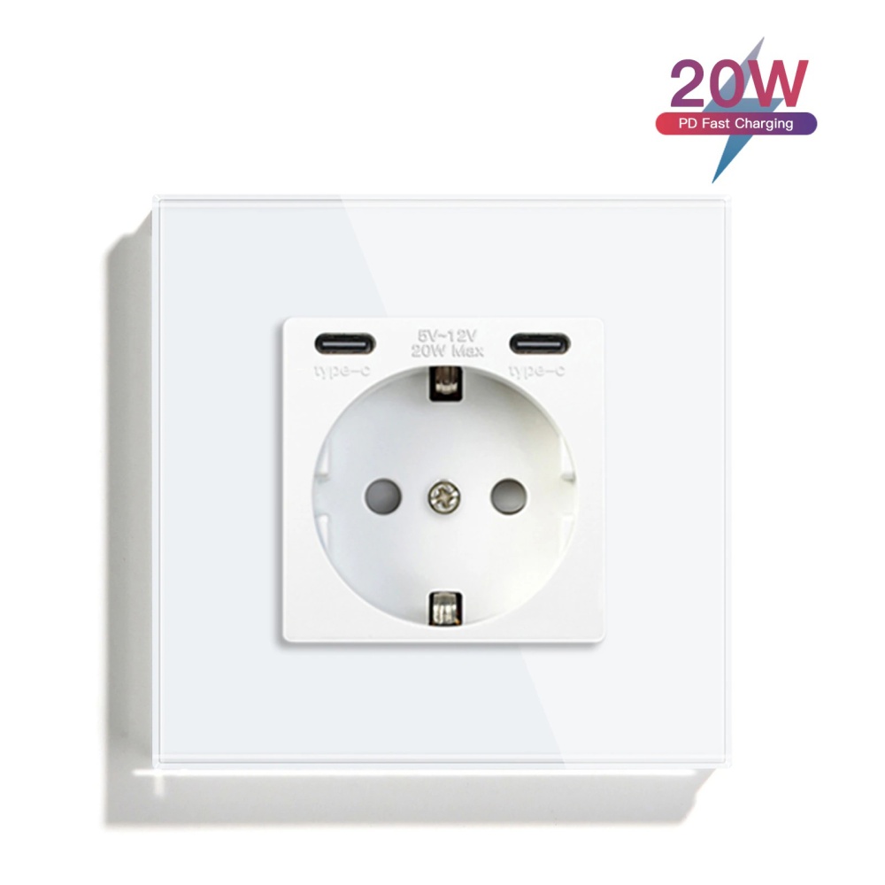 Купить Розетка электрическая 1 пост с Type-C,Type-C, быстрая зарядка 20W, цвет белый в интернет-магазине Mvava.ru