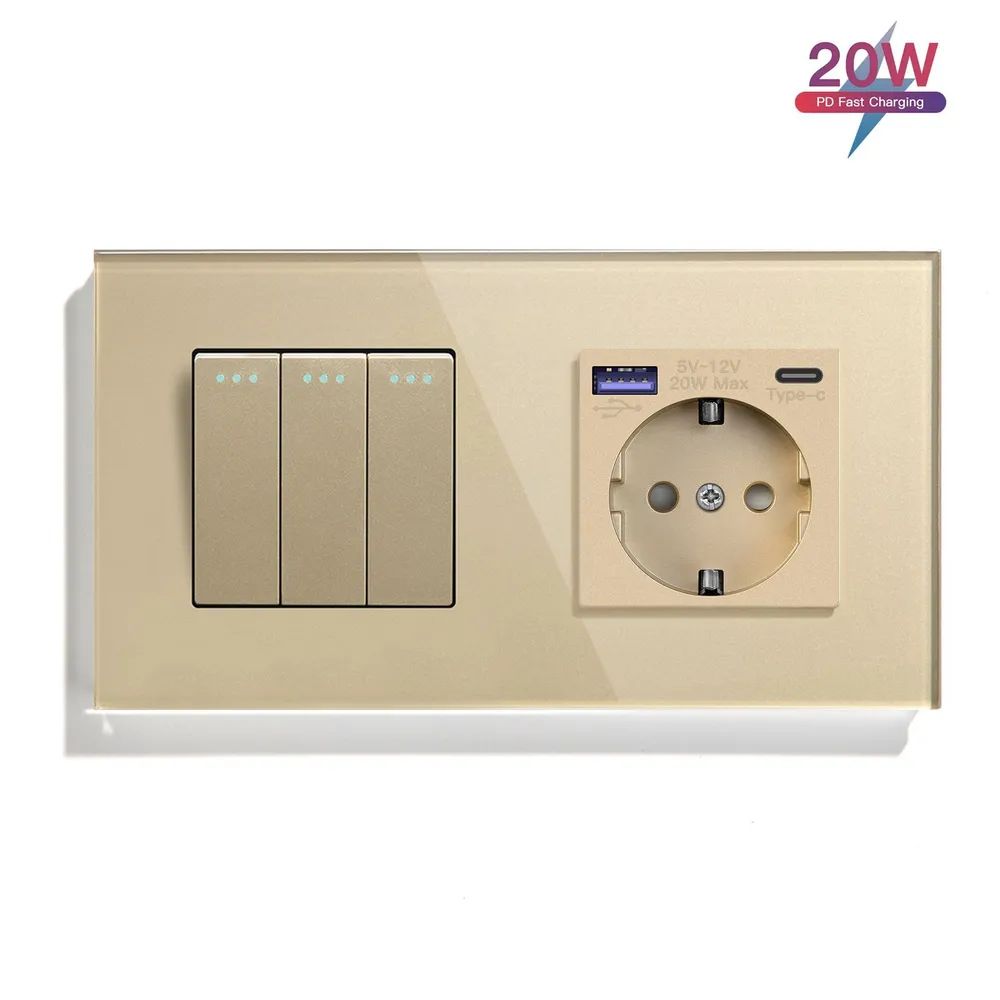 Купить Механический выключатель MVAVA, 2 поста, 3К+1Р, USB/Type-C 20 Вт, 157×86 мм, стекло, золотой в интернет-магазине Mvava.ru