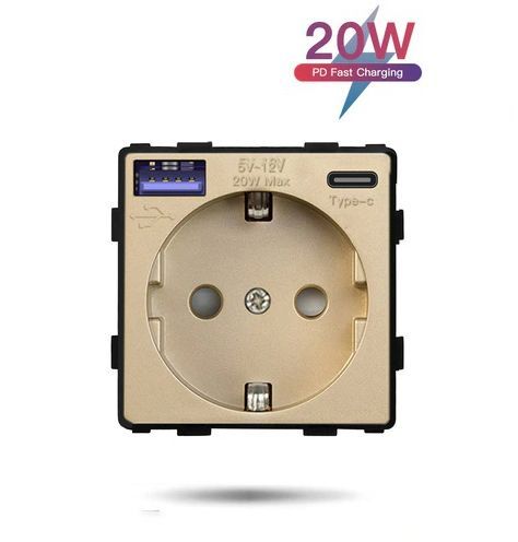 Купить Механизм розетки (без рамки) с Usb/Type-C АC, быстрая зарядка 20Вт, цвет золотой в интернет-магазине Mvava.ru