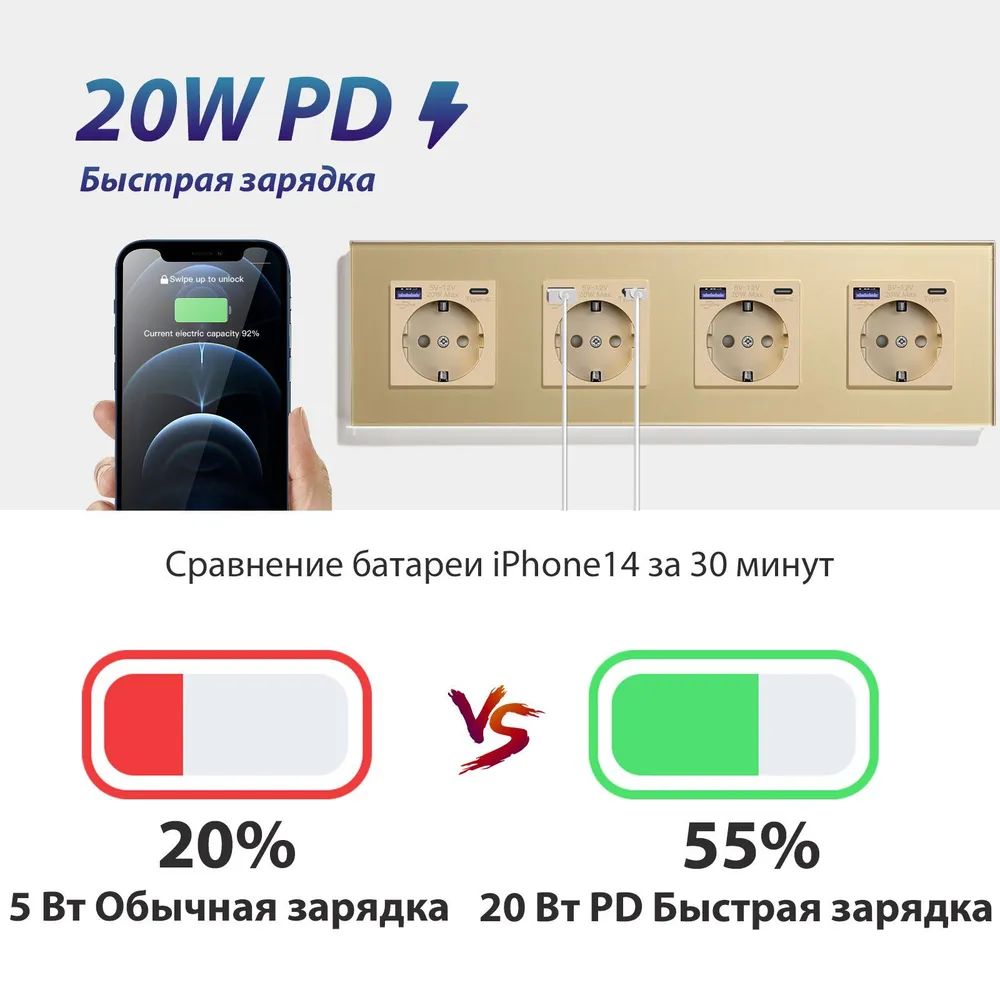 Купить Розетка электрическая 4 поста АC, быстрая зарядка 20W, стекло 299х86 мм, цвет золотой в интернет-магазине Mvava.ru