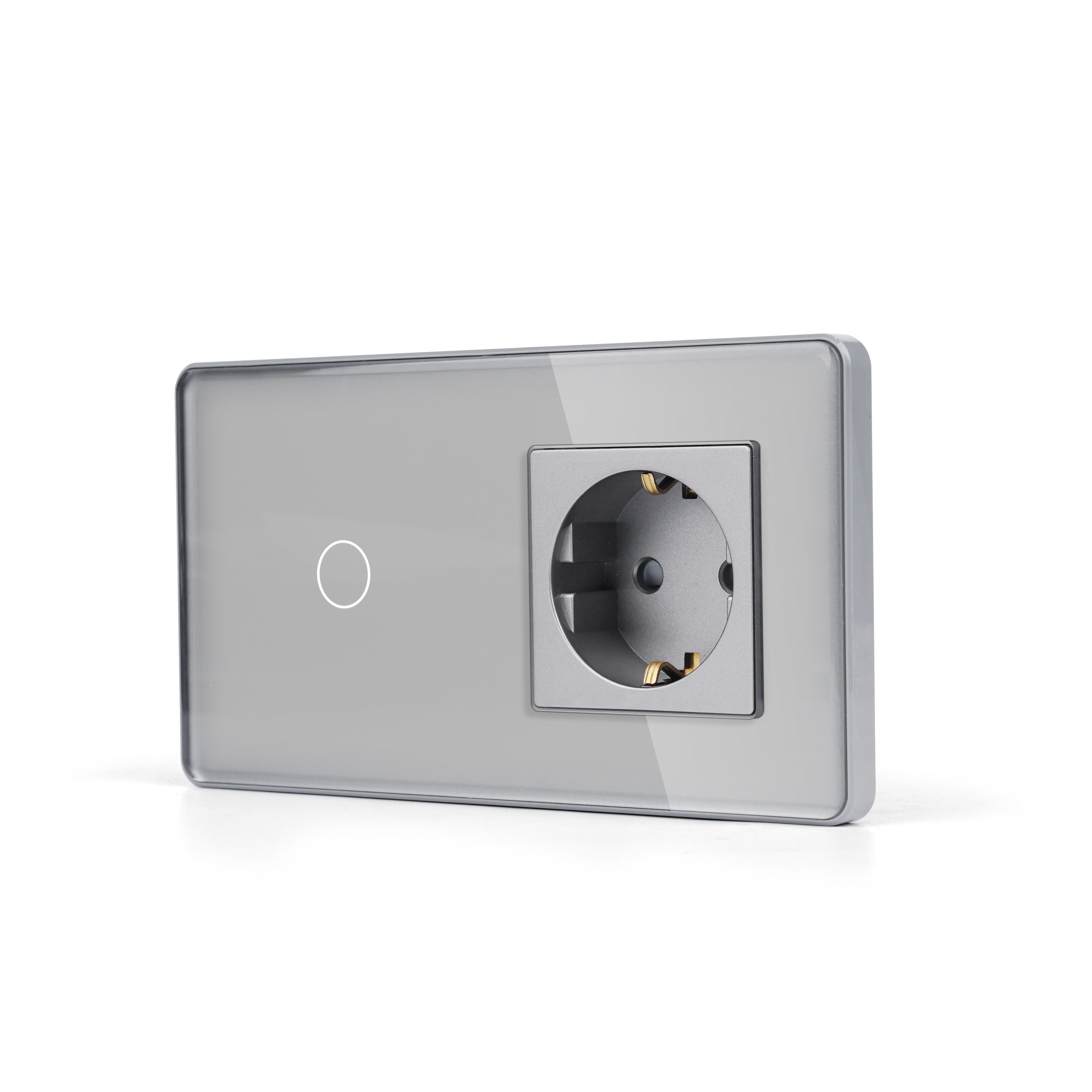 Купить Сенсорный выключатель с розеткой 1кл. 1 розетка, 2 поста (1G+1EU) стекло 2.5D 157х86мм цвет серый в интернет-магазине Mvava.ru