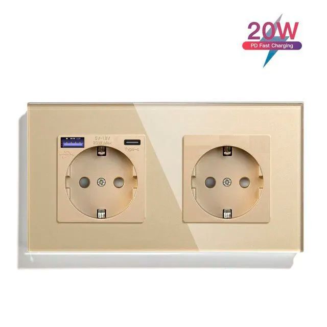 Купить Розетка электрическая 2 поста EU/AC, быстрая зарядка 20W, стекло 157х86 мм, цвет золото в интернет-магазине Mvava.ru
