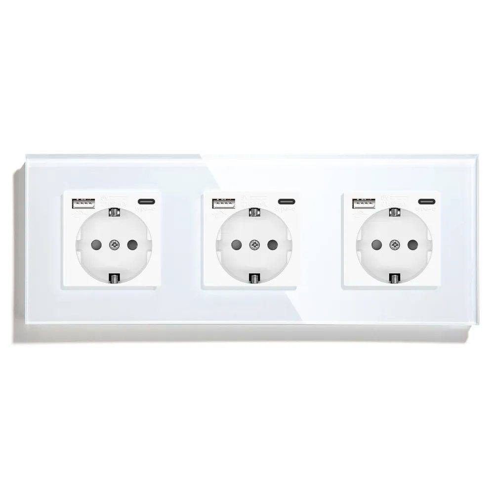 Купить Розетка электрическая 5 постов, с Usb/Type-C АC, рамка 370х86мм стекло, цвет белый в интернет-магазине Mvava.ru