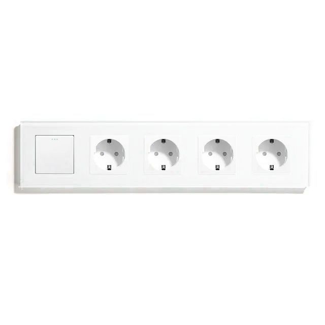 Купить Выключатель с розеткой, 1 клавиша 4 розетки, 5 постов (M1+4F) рамка стекло 370х86мм цвет белый в интернет-магазине Mvava.ru