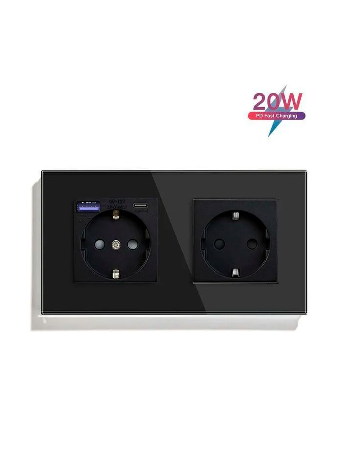 Купить Розетка электрическая 2 поста EU/AC, быстрая зарядка 20W, стекло 157х86 мм, цвет черный в интернет-магазине Mvava.ru