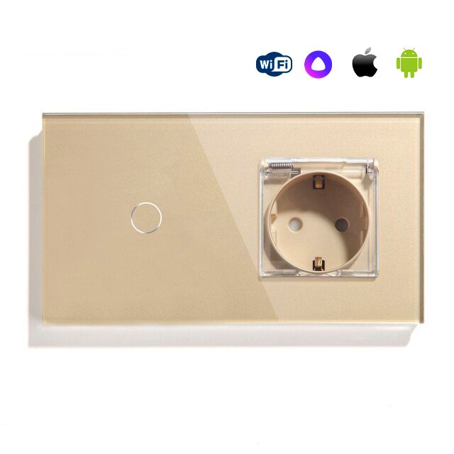 Купить Сенсорный выключатель WiFi 1 клавиша 1 розетка IP44 2 поста (1G+EU) стекло 157х86мм цвет золотой в интернет-магазине Mvava.ru