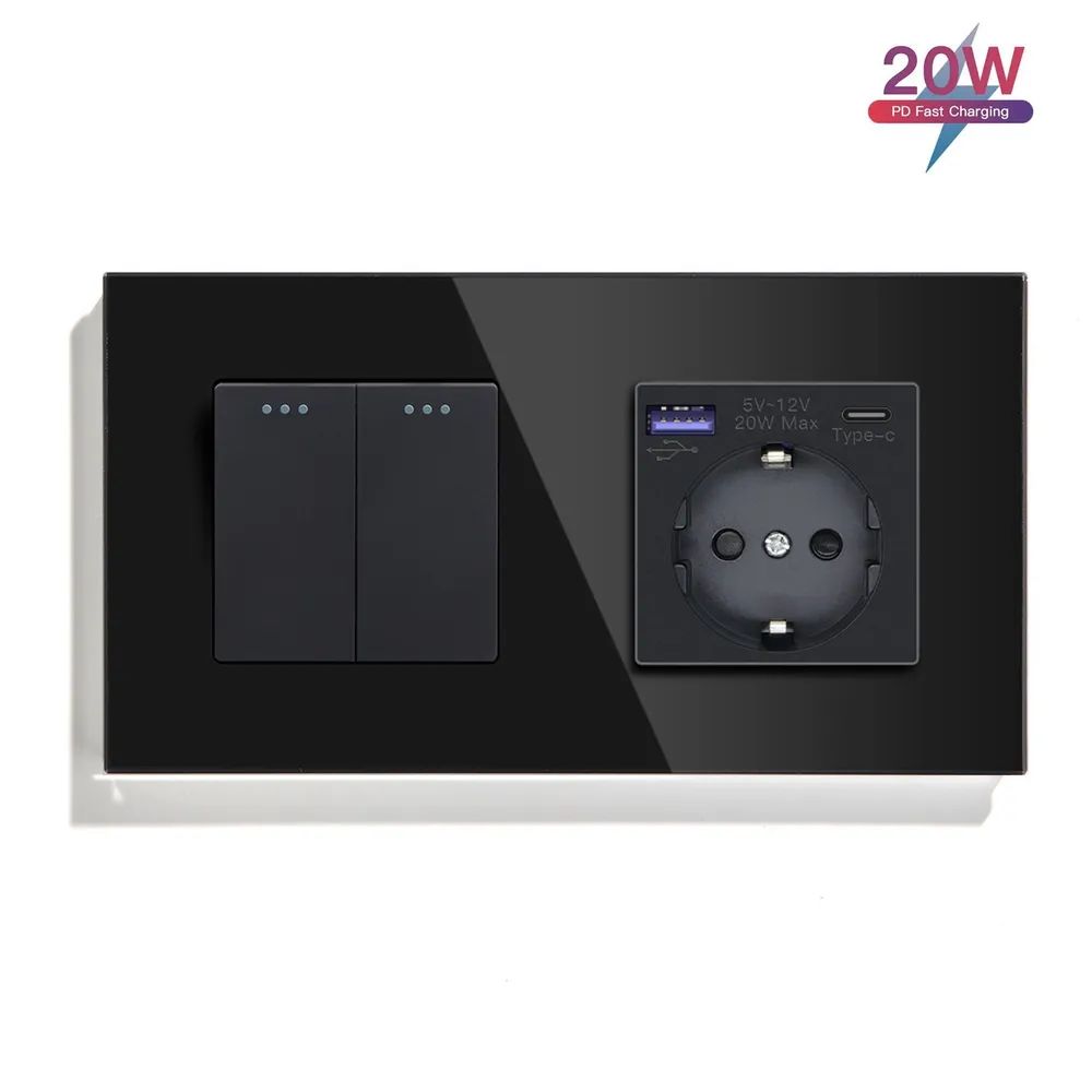 Купить Механический выключатель MVAVA, 2 поста, 2К+1Р, USB/Type-C 20 Вт, 157×86 мм, стекло, чёрный в интернет-магазине Mvava.ru