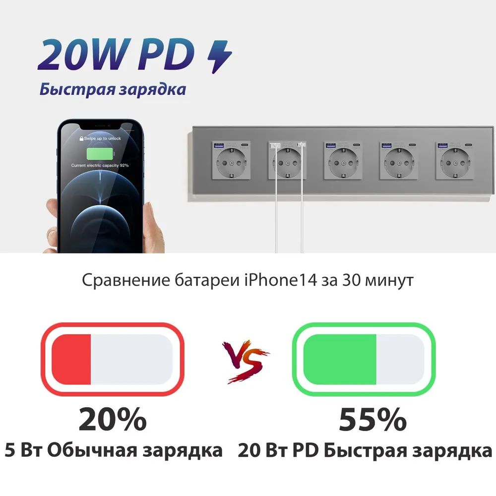 Купить Розетка электрическая 5 постов АC, быстрая зарядка 20W, стекло 370х86 мм, цвет серый в интернет-магазине Mvava.ru
