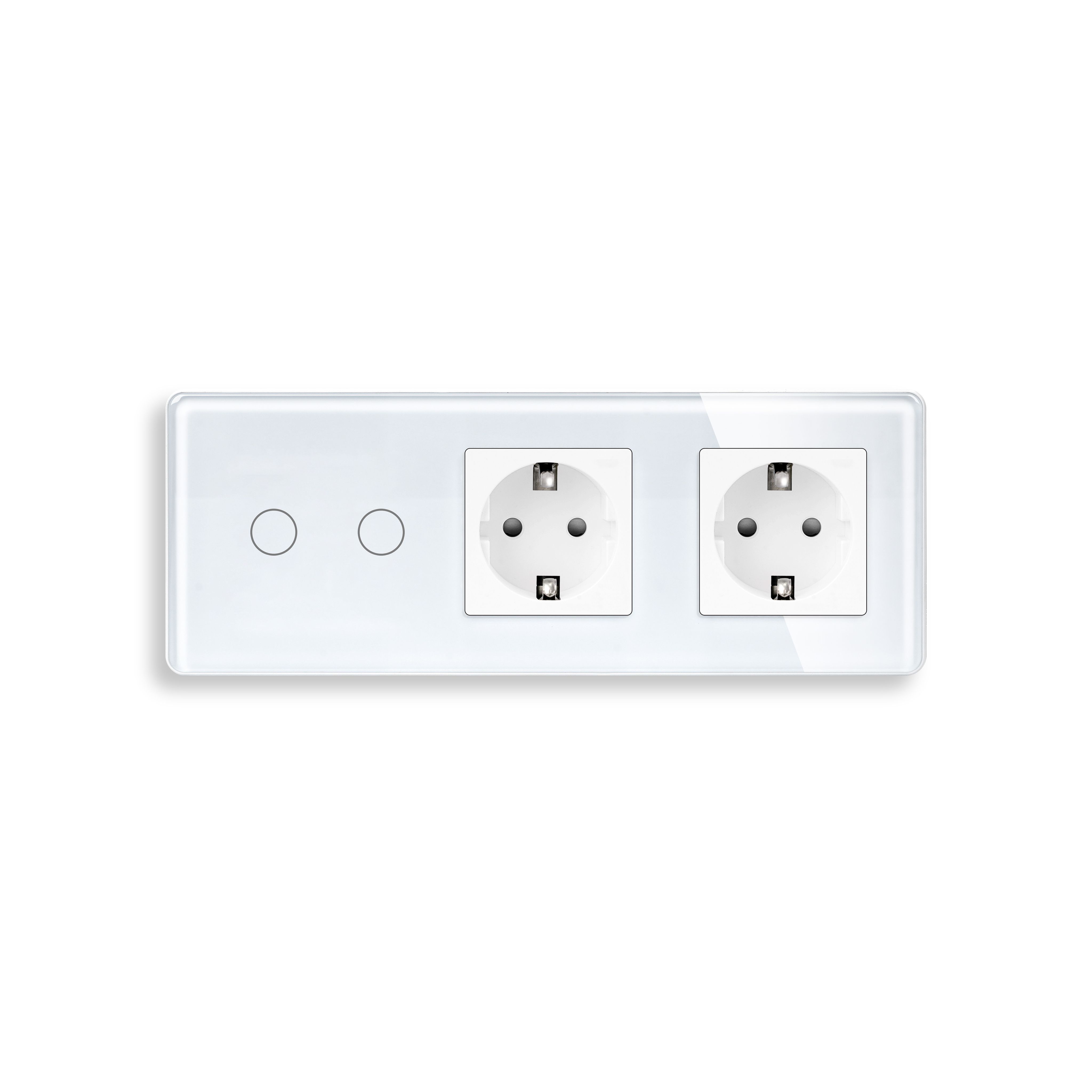 Купить Сенсорный выключатель с розеткой 2кл. 2 розетки, 3 поста (2G+2EU) стекло 2.5D 228х86мм цвет белый в интернет-магазине Mvava.ru