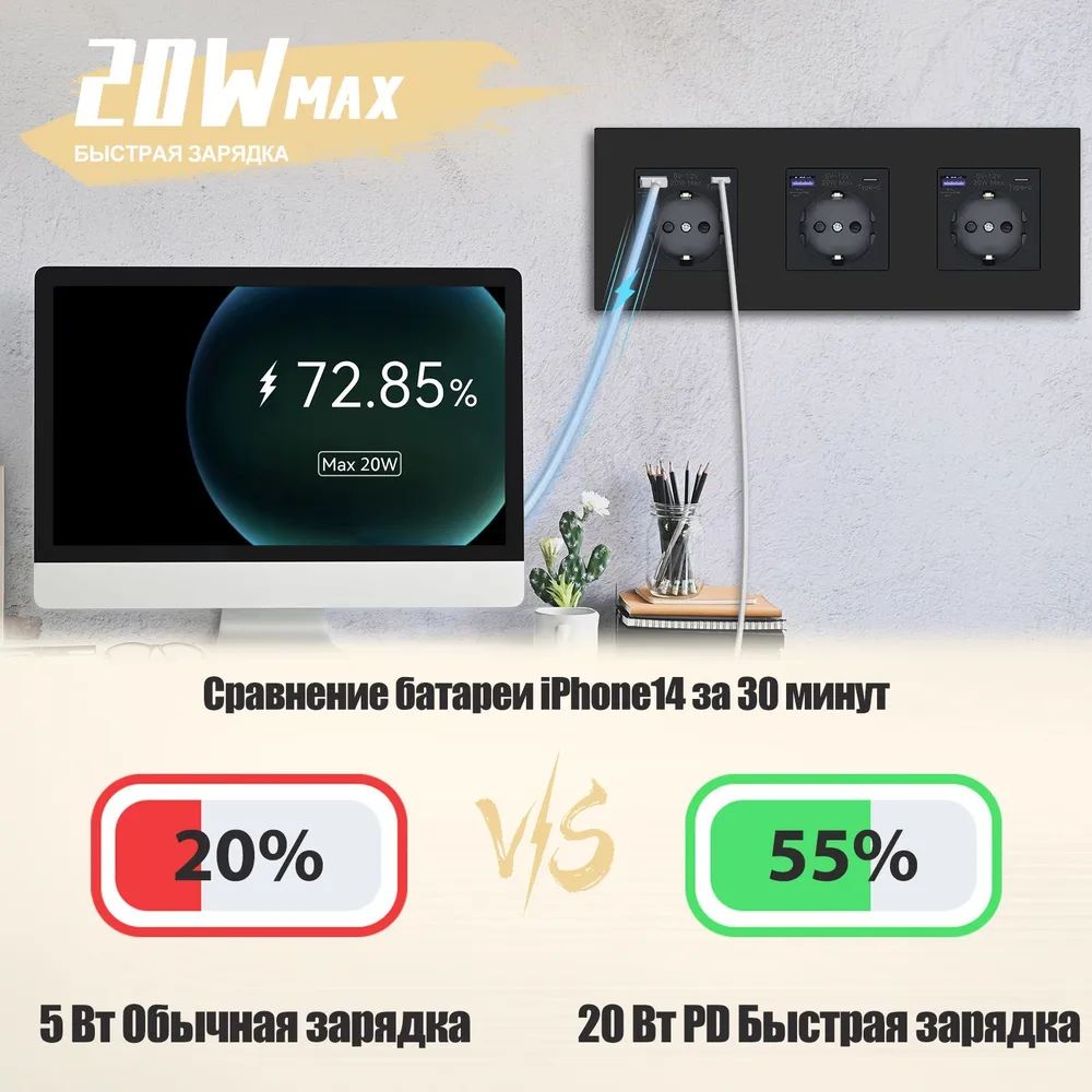 Купить Розетка электрическая 3 поста с Usb/Type-C АC, быстрая зарядка 20W, рамка пластик цвет черный в интернет-магазине Mvava.ru