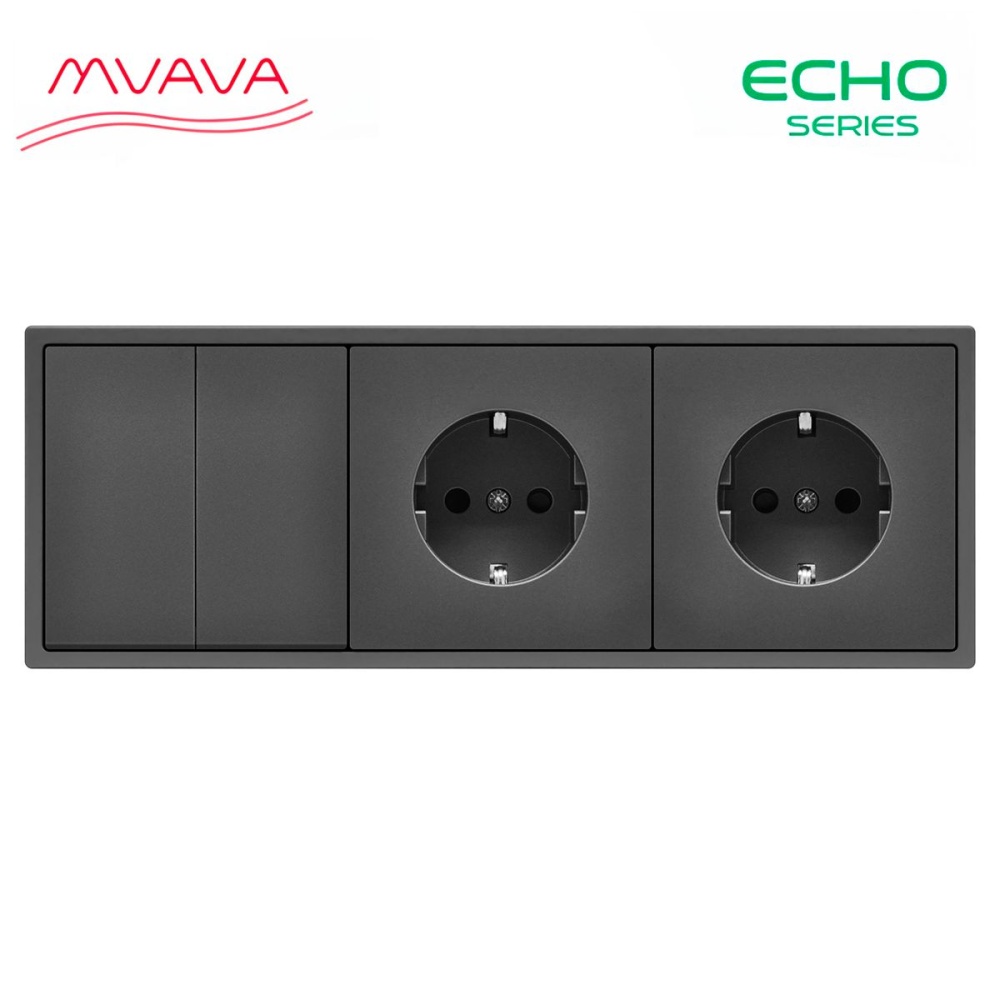 Купить Выключатель echo с розеткой, 2 клавиши 2 розетки, 3 поста (M2+2F) рамка пластик 223х81мм цвет серый в интернет-магазине Mvava.ru
