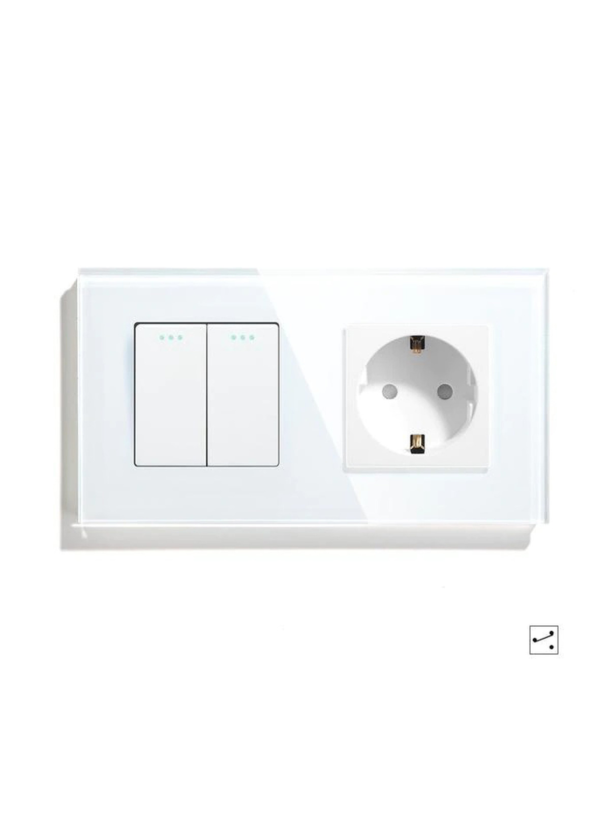 Купить Выключатель с розеткой, 2 клавиши 1 розетка, 2 поста (М2+1F) рамка стекло 157х86мм цвет белый в интернет-магазине Mvava.ru