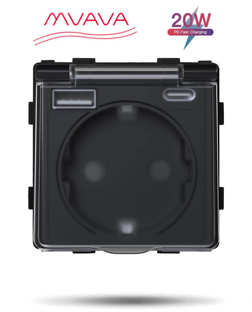 Купить Механизм розетки с крышкой (без рамки) с Usb/Type-C АC, быстрая зарядка 20Вт, цвет черный в интернет-магазине Mvava.ru