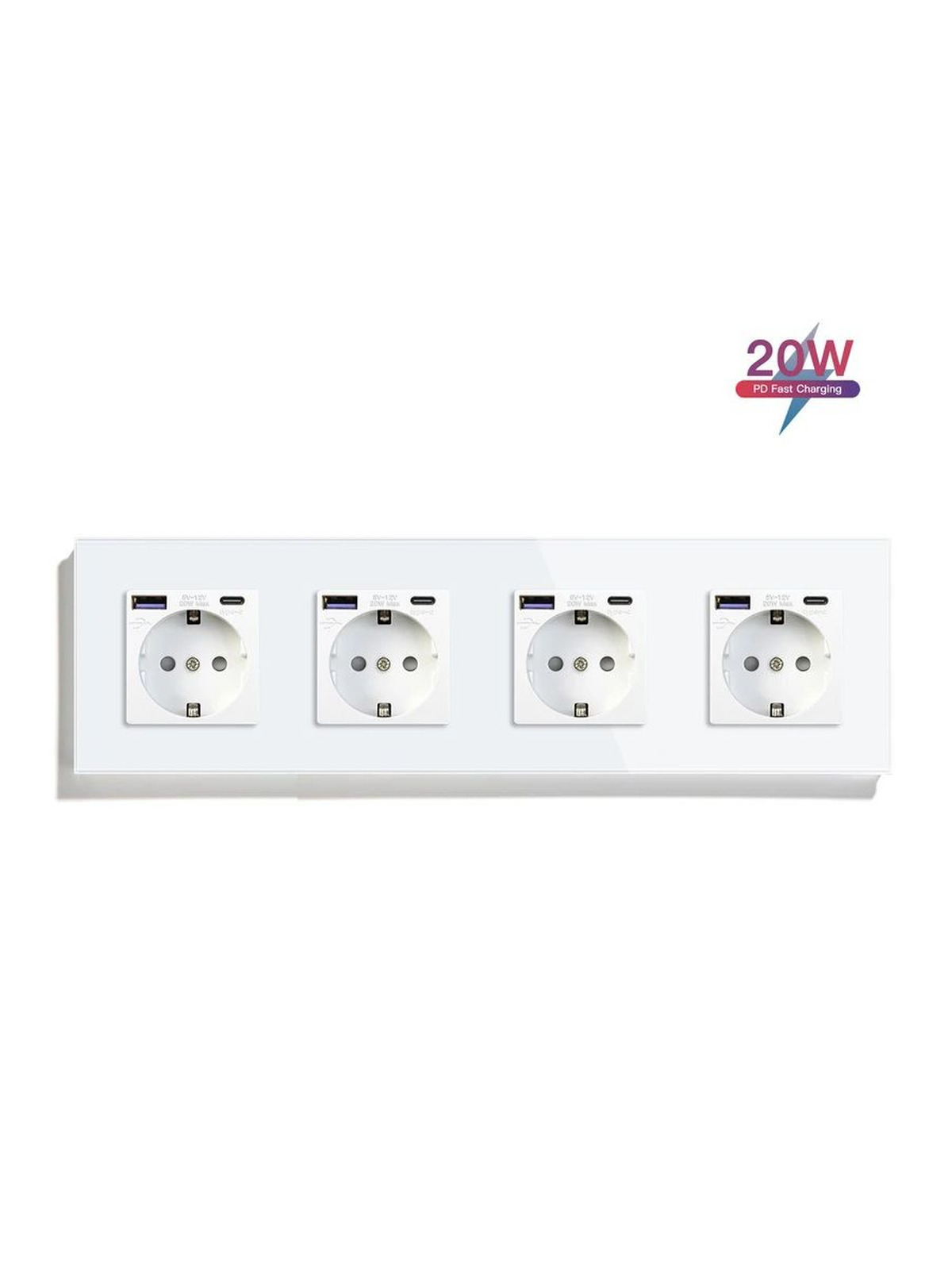 Купить Розетка электрическая 4 поста АC, быстрая зарядка 20W, стекло 299х86 мм, цвет белый в интернет-магазине Mvava.ru
