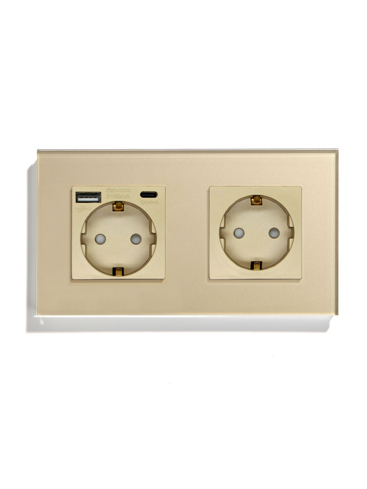 Купить Розетка электрическая 2 поста EU/AC, зарядка 10W, стекло 157х86 мм, цвет золотой в интернет-магазине Mvava.ru