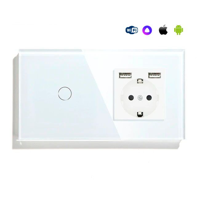 Купить Сенсорный выключатель WiFi 1 клавиша 1 розетка 2 поста (1G+1AA) стекло 157х86мм цвет белый в интернет-магазине Mvava.ru