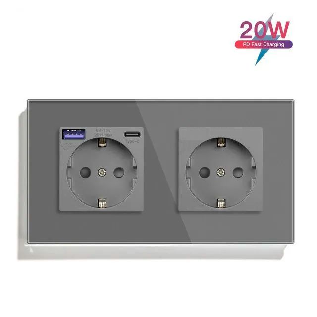 Купить Розетка электрическая 2 поста EU/AC, быстрая зарядка 20W, стекло 157х86 мм, цвет серый в интернет-магазине Mvava.ru