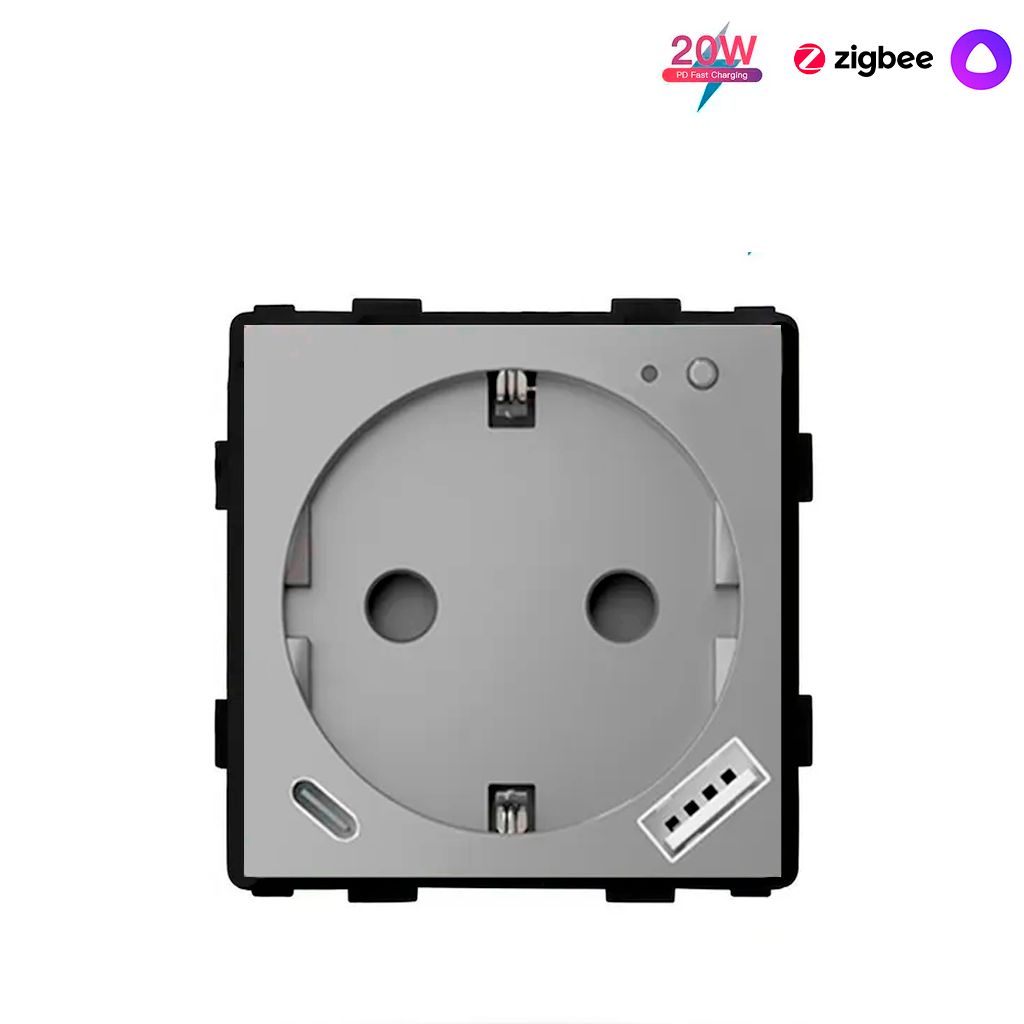 Купить Механизм розетки ZigBee с Usb/Type-C АC быстрая зарядка 20Вт, (без рамки) цвет серый в интернет-магазине Mvava.ru