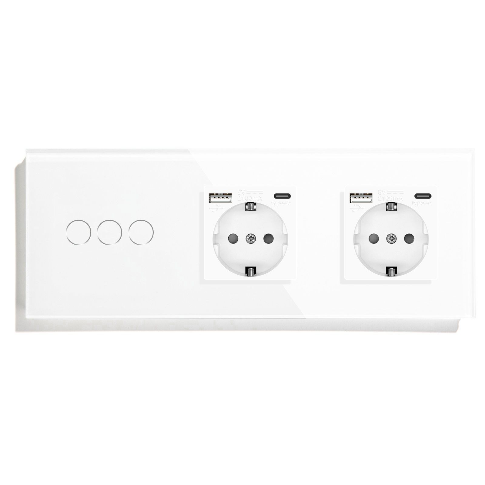 Купить Сенсорный выключатель с розеткой 3кл. 2 розетки, 3 поста (3G+2AC) стекло 228х86мм цвет белый в интернет-магазине Mvava.ru