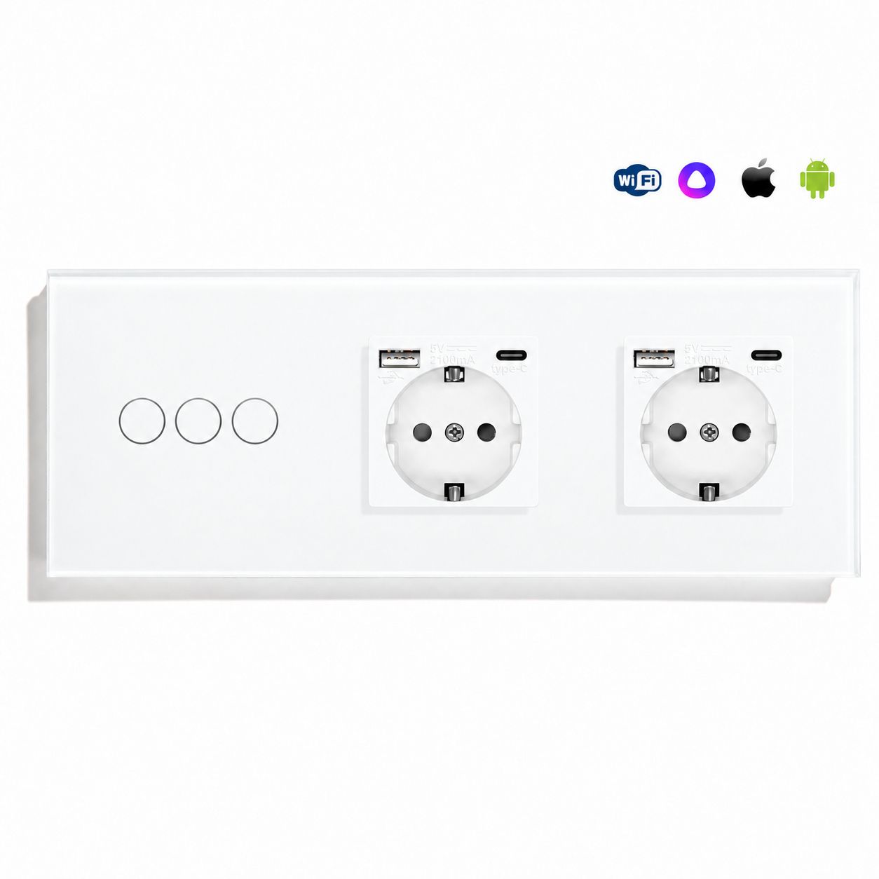 Купить Сенсорный выключатель WiFi с нулем 3кл. 2розетки 3поста (3G+2AC) стекло 228х86мм цвет белый в интернет-магазине Mvava.ru