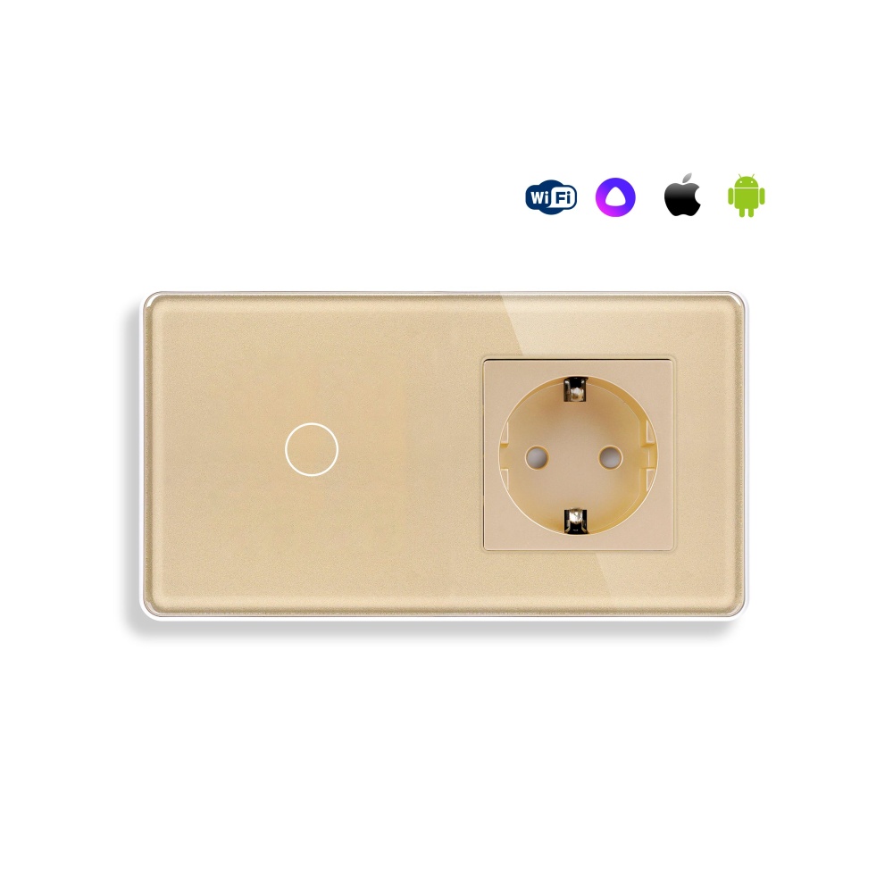 Купить Сенсорный выключатель WiFi 1 клавиша 1 розетка 2 поста (1G+1EU) стекло 2.5D 157х86мм цвет золотой в интернет-магазине Mvava.ru