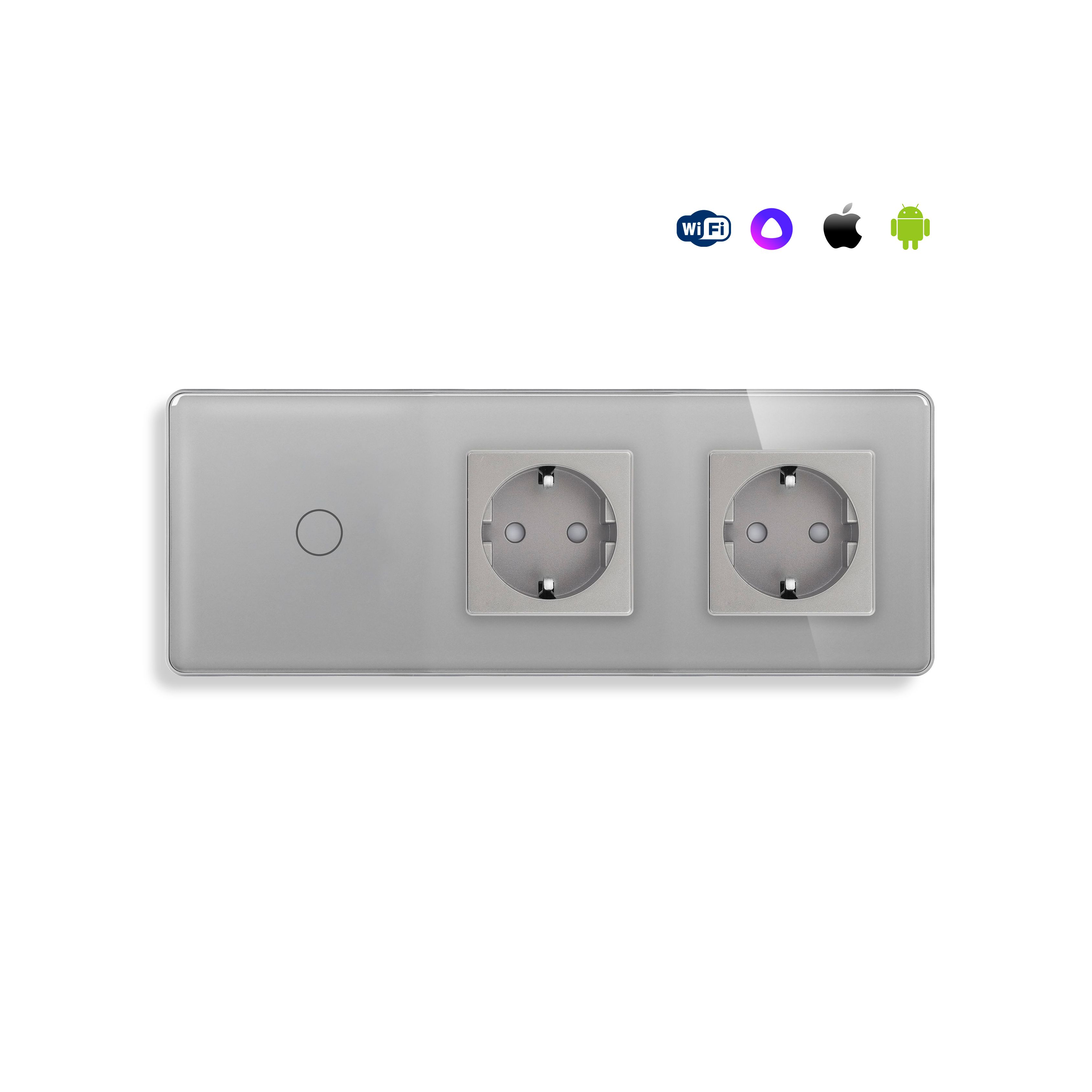 Купить Сенсорный выключатель WiFi 1 клавиша 2 розетки 3 поста (1G+2EU) стекло 2.5D 228х86мм цвет серый в интернет-магазине Mvava.ru