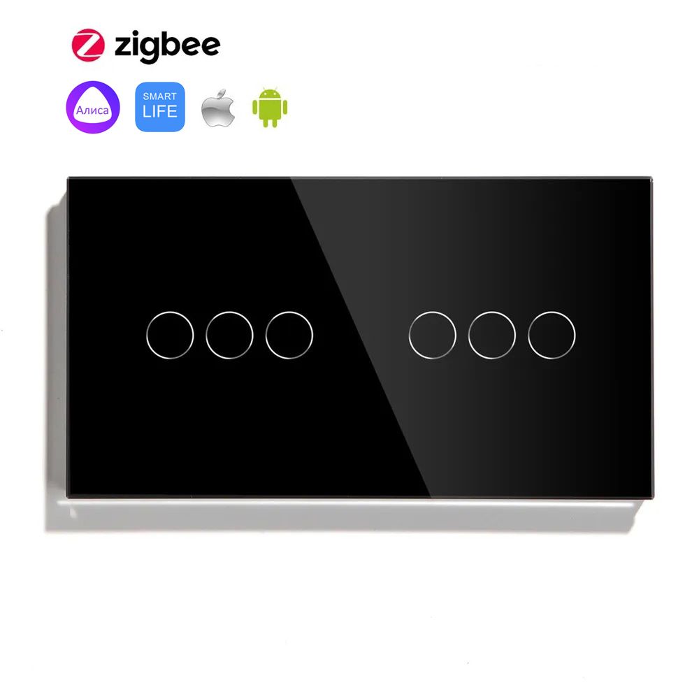 Купить Сенсорный выключатель ZigBee MVAVA 6 кл. 2 поста (3G+3G) стекло 157х86мм цвет черный в интернет-магазине Mvava.ru