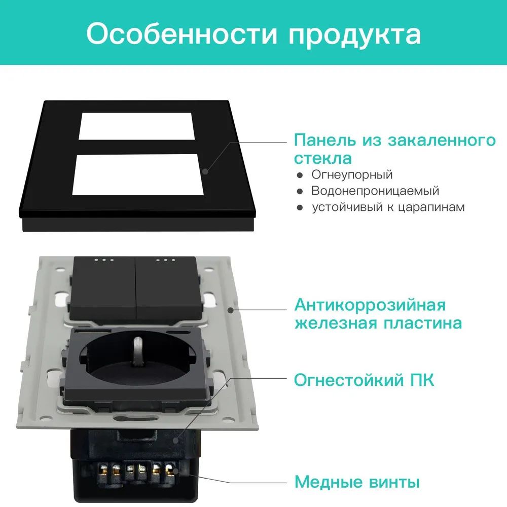 Купить Выключатель с розеткой USB и type-C, 2 клавиши 1 розетка быстрая зарядка 20w, 2 поста (М2+1F) рамка стекло 157х86мм цвет черный в интернет-магазине Mvava.ru