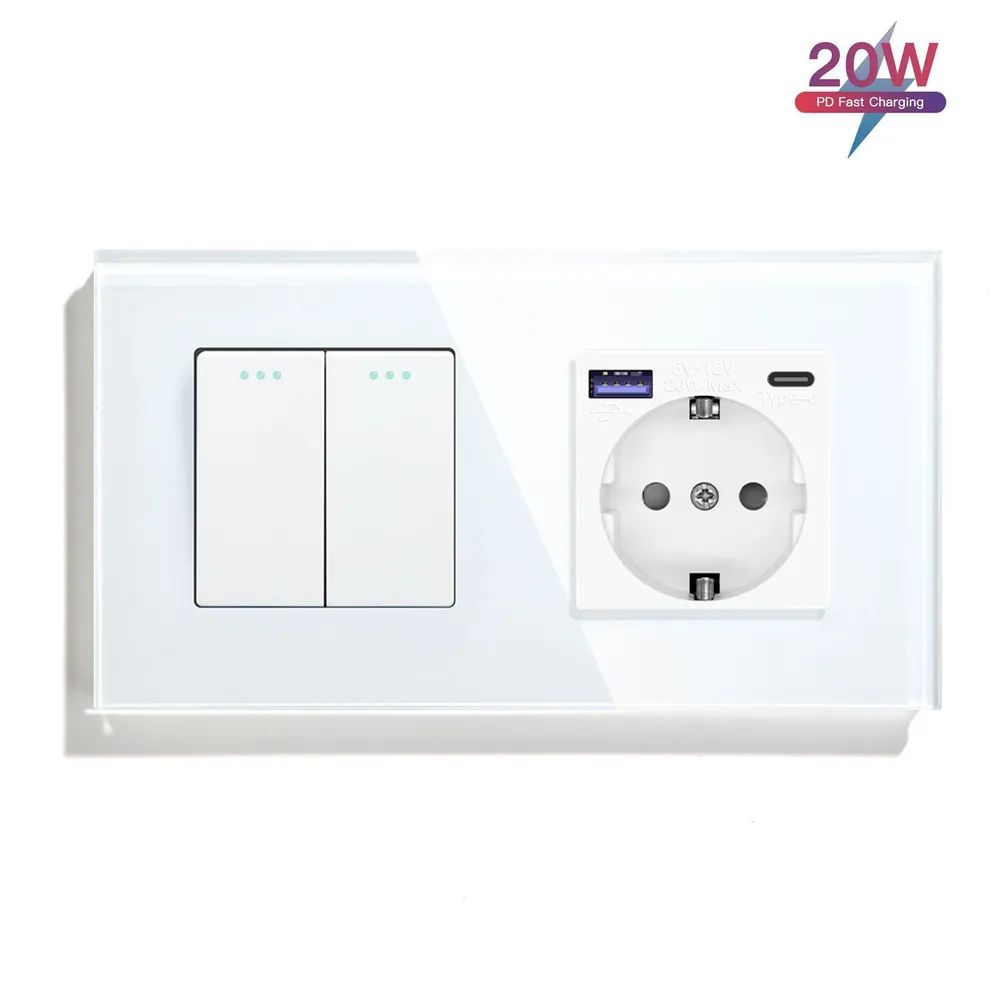 Купить Механический выключатель MVAVA, 2 поста, 2К+1Р, USB/Type-C 20 Вт, 157×86 мм, стекло, белый в интернет-магазине Mvava.ru