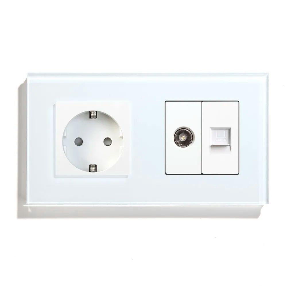 Купить Розетка 2 поста с интернет/тв, cat5/tv, рамка 157х86мм стекло, цвет белый в интернет-магазине Mvava.ru