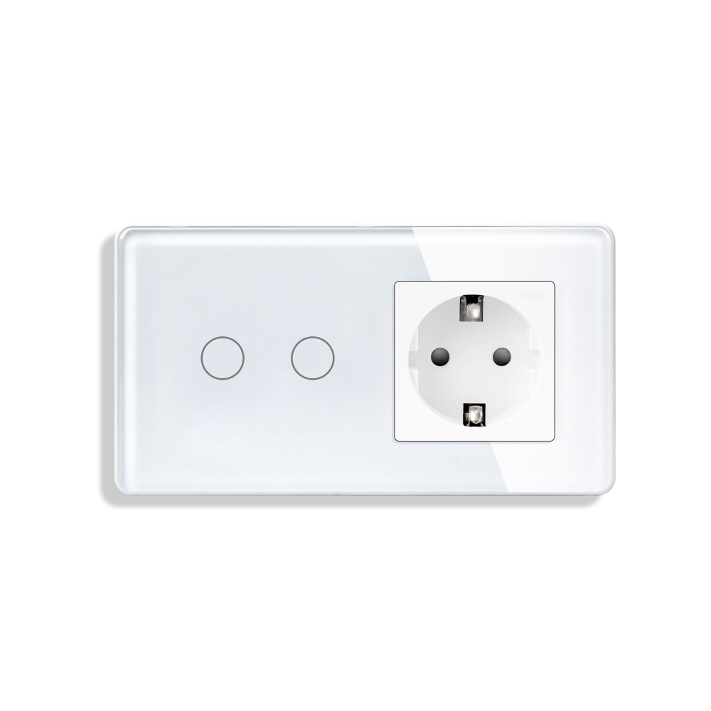 Купить Сенсорный выключатель с розеткой 2кл. 1 розетка, 2 поста (2G+1EU) стекло 2.5D 157х86мм цвет белый в интернет-магазине Mvava.ru