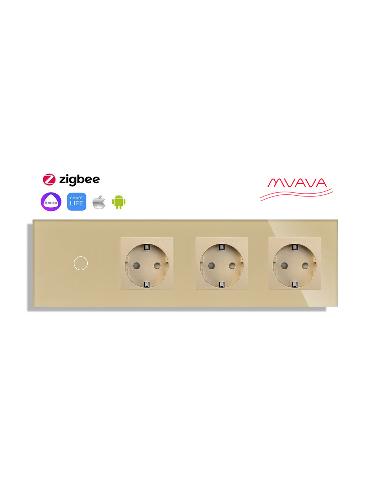 Купить Сенсорный выключатель ZigBee MVAVA 1 кл. 3 розетки 4 поста (1G+3EU) стекло 299х86мм цвет золотой в интернет-магазине Mvava.ru