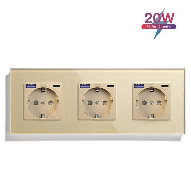 Купить Розетка электрическая 3 поста АC, быстрая зарядка 20W, стекло 228х86 мм, цвет золотой в интернет-магазине Mvava.ru