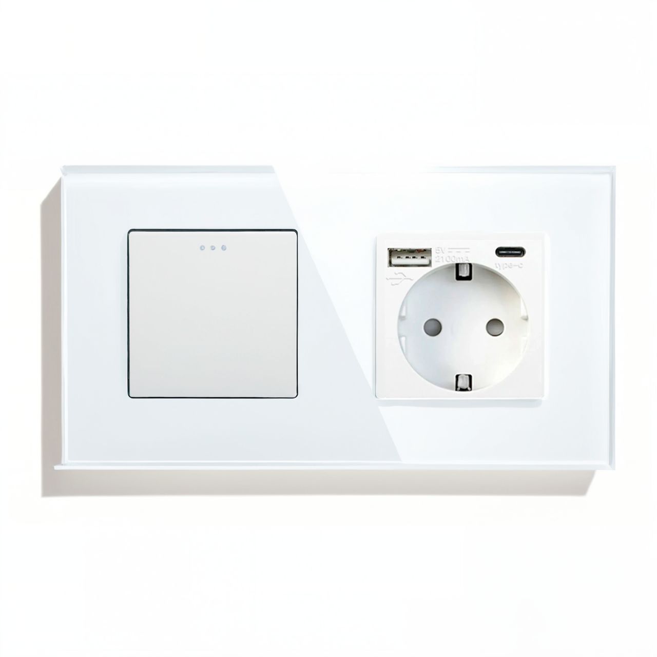 Купить Механический выключатель MVAVA, 2 поста, 1К+1Р, USB/Type-C, 157×86 мм, стекло, с заземлением, белый в интернет-магазине Mvava.ru
