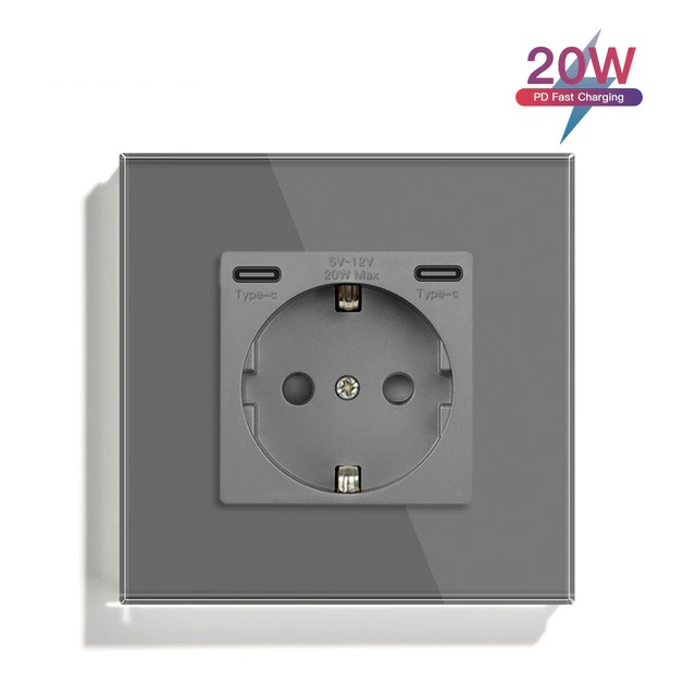 Купить Розетка электрическая 1 пост с Type-C,Type-C, быстрая зарядка 20W, цвет серый в интернет-магазине Mvava.ru