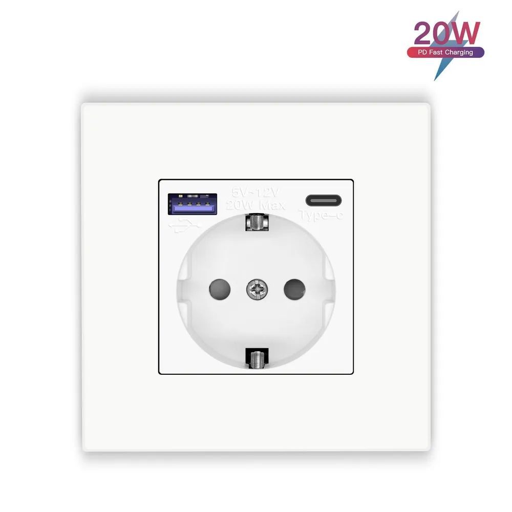 Купить Розетка электрическая 1 пост с Usb/Type-C АC, быстрая зарядка 20W, рамка пластик, цвет белый в интернет-магазине Mvava.ru