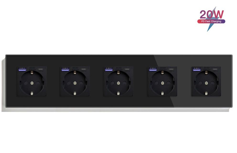 Купить Розетка электрическая 5 постов АC, быстрая зарядка 20W, стекло 370х86 мм, цвет черный в интернет-магазине Mvava.ru