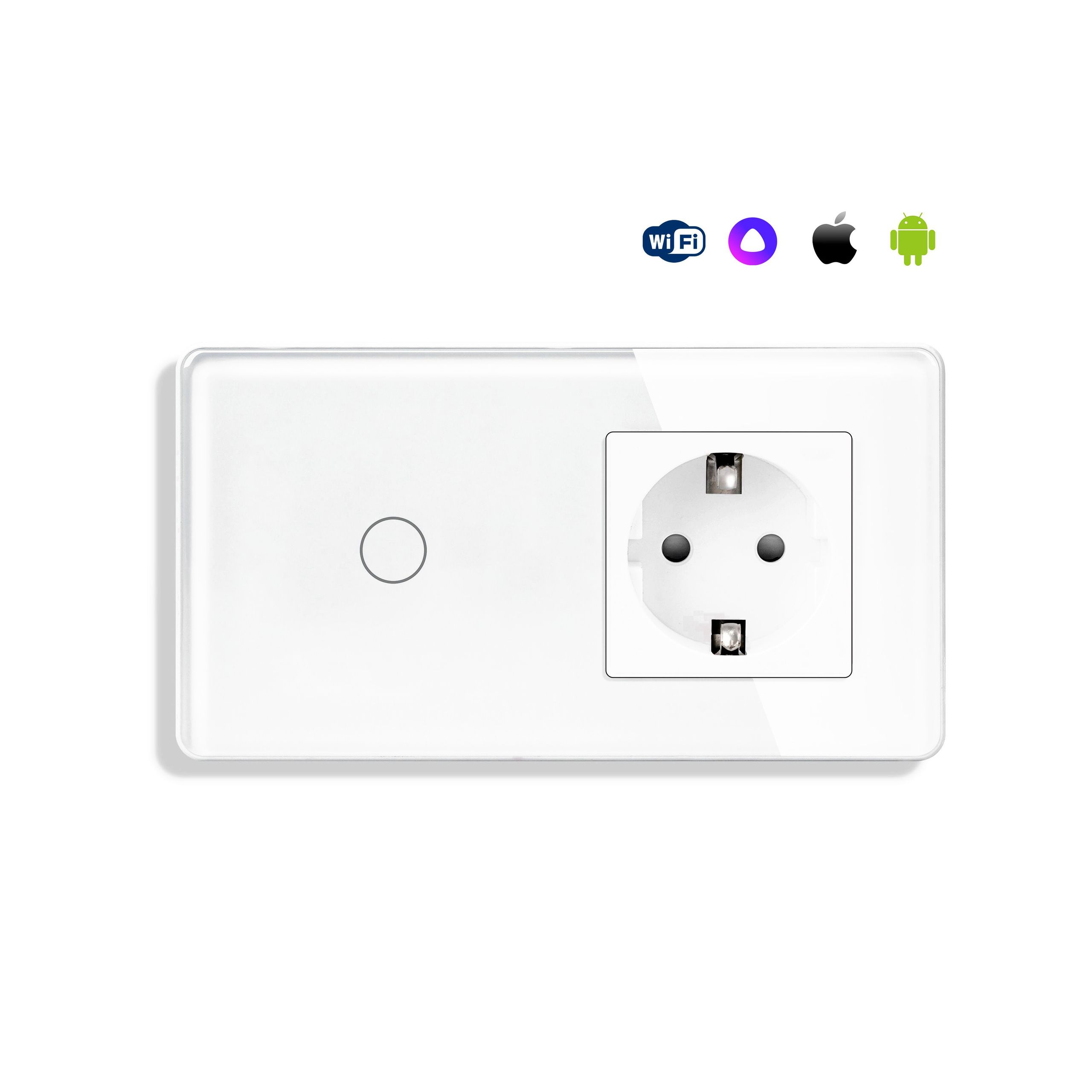 Купить Сенсорный выключатель WiFi с нулем 1кл. 1розетка 2поста (1G+1EU) стекло 2.5D 157х86мм цвет белый в интернет-магазине Mvava.ru