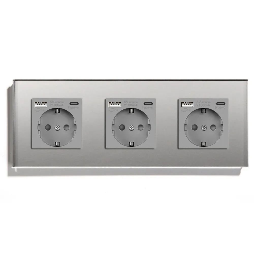 Купить Розетка электрическая 5 постов АC, зарядка 10W, стекло 370х86 мм, цвет серый в интернет-магазине Mvava.ru