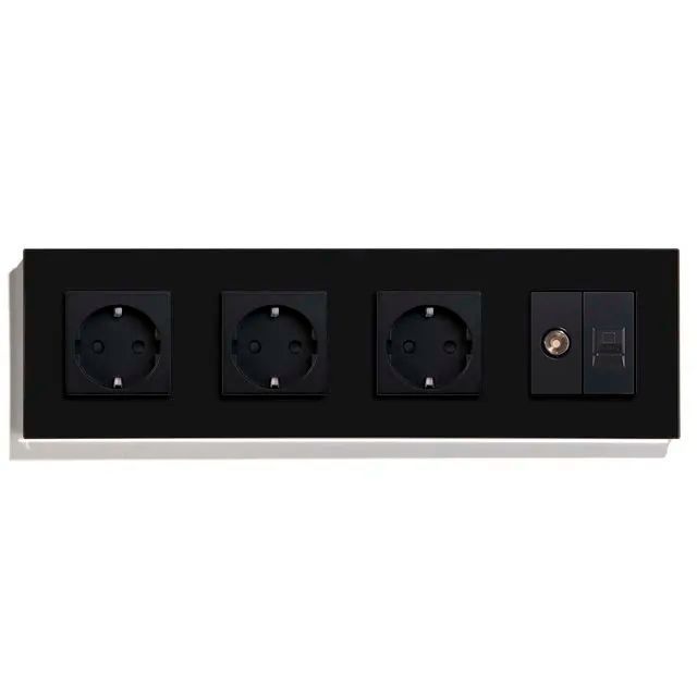 Купить Розетка 4 поста с интернет/тв, cat5/tv, рамка 299х86мм стекло, цвет черный в интернет-магазине Mvava.ru