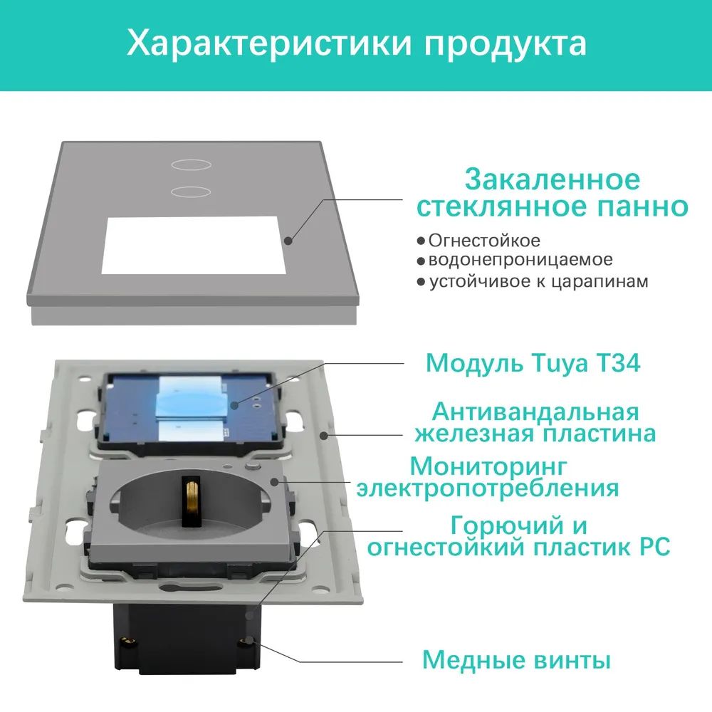 Купить Сенсорный выключатель ZigBee MVAVA 2кл. 1 розетка, 2 поста (2G+1EU) стекло 157х86мм цвет серый в интернет-магазине Mvava.ru
