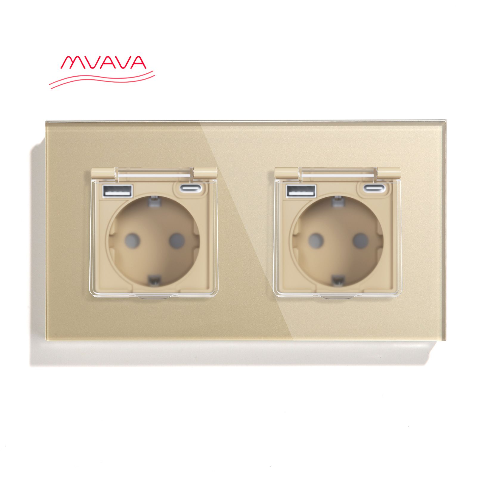 Купить Розетка c крышкой, Usb/Type-C 2 пост 16А рамка 157х86мм стекло, цвет золотой в интернет-магазине Mvava.ru