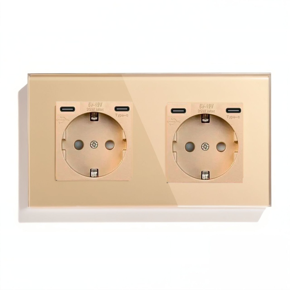 Купить Розетка электрическая 2 поста CC, быстрая зарядка 20W, стекло 157х86 мм, цвет золотой в интернет-магазине Mvava.ru
