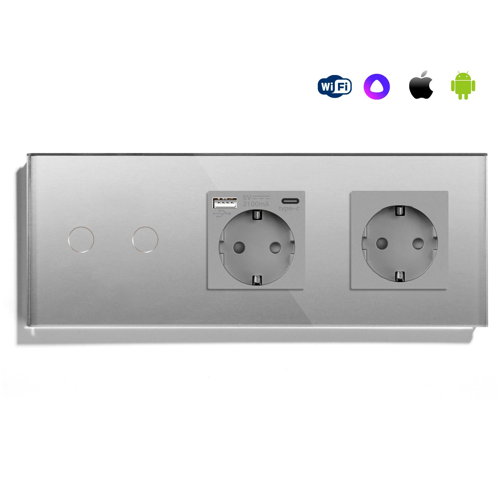 Купить Сенсорный выключатель WiFi 2 клавиши 2 розетки 3 поста (2G+AC/EU) стекло 228х86мм цвет серый в интернет-магазине Mvava.ru