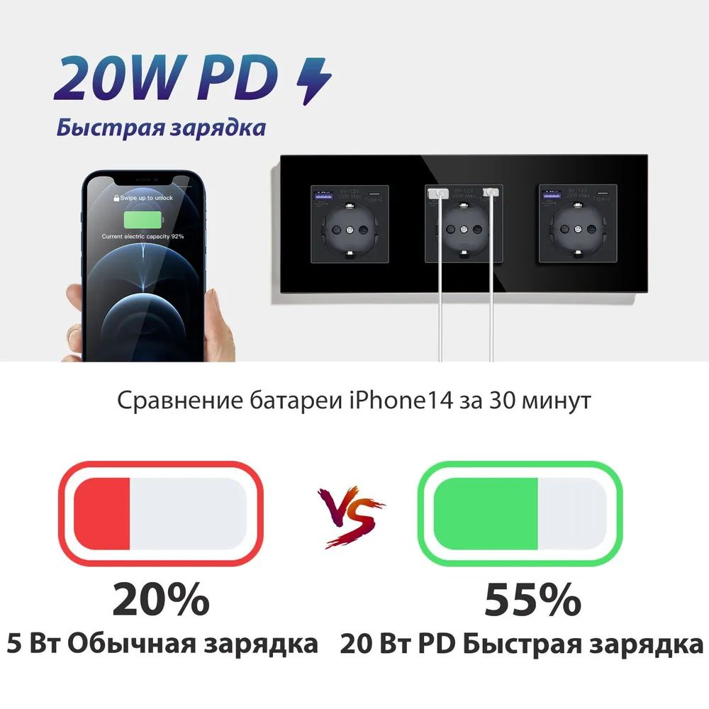 Купить Розетка электрическая 3 поста АC, быстрая зарядка 20W, стекло 228х86 мм, цвет черный в интернет-магазине Mvava.ru