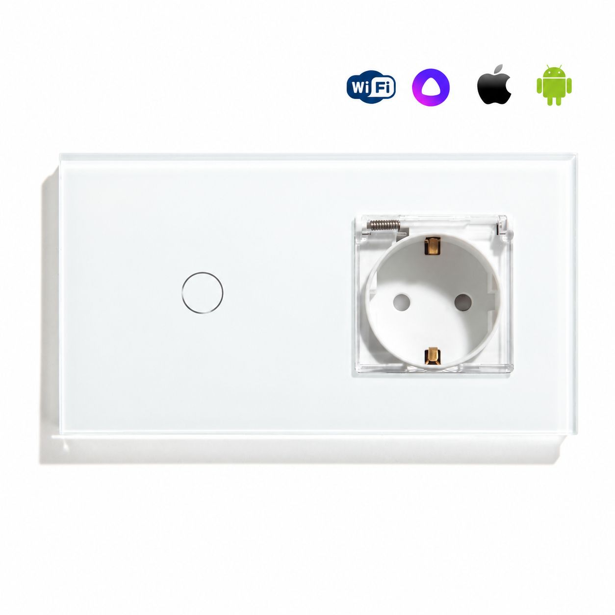 Купить Сенсорный выключатель WiFi с нулем 1кл. 1розетка IP44 2поста (1G+EU) стекло 157х86мм цвет белый в интернет-магазине Mvava.ru