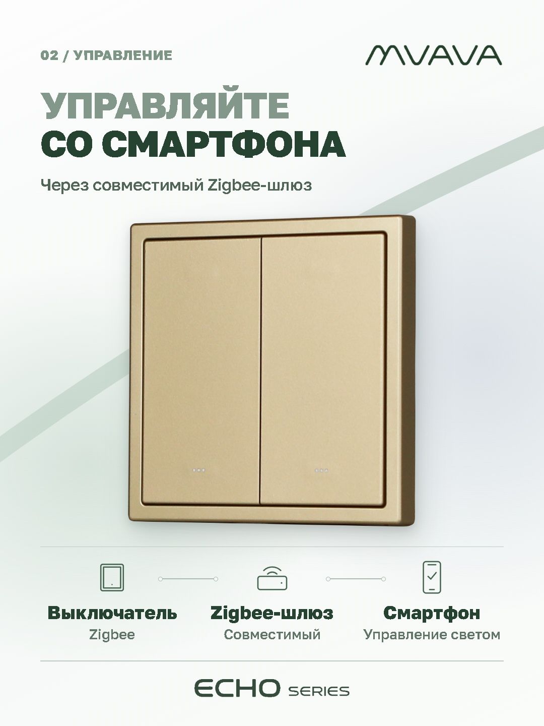 Купить Выключатель ZigBee Echo Smart Алиса, нажимной, 2 клавиши, с нулем, с рамкой 81×81 мм, золотой в интернет-магазине Mvava.ru